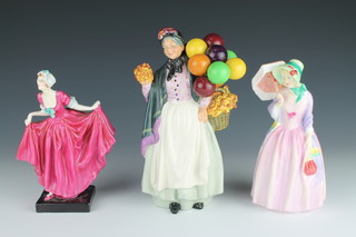 Three Royal Doulton figures - Delight HN1722 7", Demure HN1402 7 1/2" and Biddy Penny Farthing HN1483 9" 