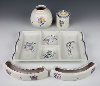 A Poole Pottery 4 section dish 12", 2 posy troughs, a preserve pot and lid and a baluster vase 
