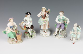A pair of 20th Century Sitzendorf figures of gentlemen 4", do. figure of a fruit seller 4 1/2", do. flower seller 5 1/2" and a German figure of a seated gentleman 3" 