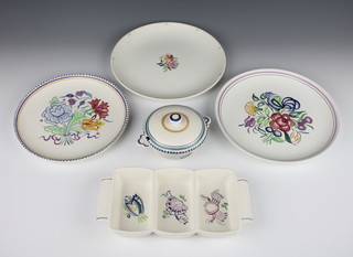 A Poole Pottery 3 division dish 10", 3 plates and a lidded sugar bowl 
