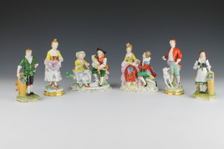 A pair of 20th Century Sitzendorf figures of a lady and gentleman 5 1/2", a do. pair 5" and 2 Sitzendorf groups of figures 4" 