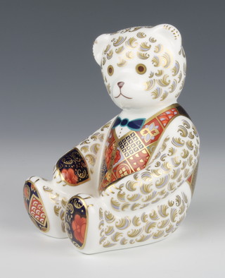 A Royal Crown Derby Imari pattern paperweight seated teddybear with silver stopper 4 1/2" 