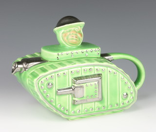 An Art Deco Sadler style Old Bill green and silver decorated teapot in the form of a tank 9"