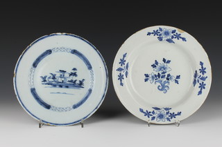 An 18th Century English Delft blue and white plate decorated with a pavilion with a simple geometric border 9", a Bristol do. decorated with flowers 9 1/4"  