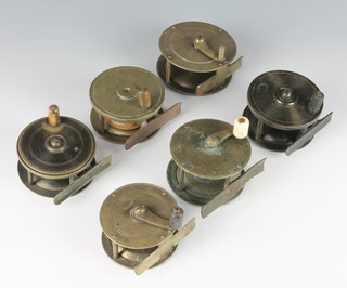 2 Allcock brass centre pin trout fishing reels and 4 others