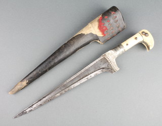 An Afghan Pesh Kabz Choora dagger with 9 1/2" blade and ivory grip, complete with leather scabbard 