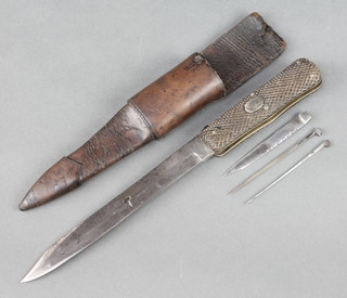 Kingsbury of Bond Street, a 19th Century folding Bowie knife with 7" blade marked Kingsbury Bond Street, the carved horn grip fitted 1 spike and 1 file 3 1/2" and a saw back blade 3 1/2", the oval release button to the grip marked H Lees contained in a leather scabbard  