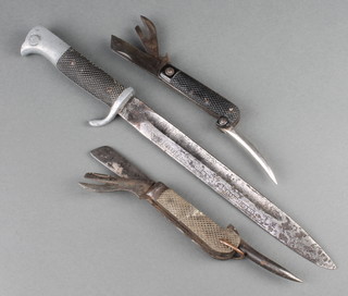 Two military issue jack knives with knife, tin opener and spike together with a reproduction Mauser bayonet with 9 1/2" blade (corroded) 