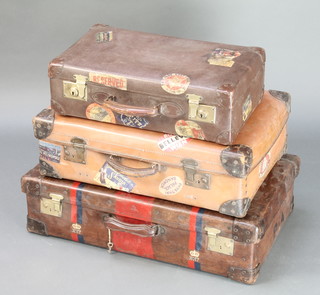 A fibre suitcase with brass mounts marked 81 New Cavendish Street 20" x 30" x 18", 1 other fibre suitcase with 6 luggage labels the lock marked Double Lever 8" x 26" x 17", 1 other locks marked British Made with 7 luggage labels 6" x 21 1/2" x 12" 
