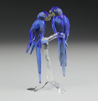A Swarovski coloured crystal group of 2 parakeets on a branch 4" 
