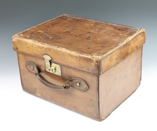 A square brown leather "Top Hat" box with brass mounts 10" x 17" x 14" the top marked R.J.L 