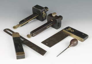 2 19th Century wooden and brass mounted mortice gauges, do. square, folding square and a small bodkin?