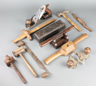 A Stanley Bailey no. 4 1/2 smoothing plane, a Stanley no.71 router plane, a mortice gauge, spoke shaves and other carpentry tools 