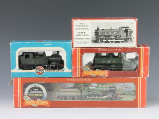 A Hornby OO gauge locomotive and tender county class County of Bedford R.392, 1 other GWR class 57XX loco R300, an Airfix OO scale locomotive tank engine together with a Wills Finecast GWR pannier tank engine unmade - boxed 