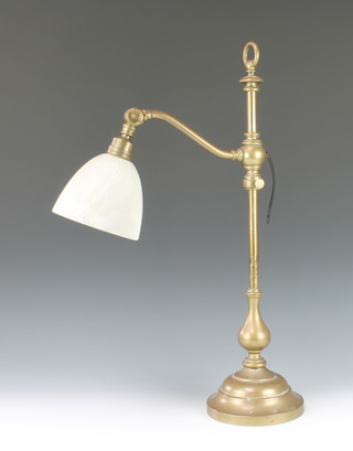 An Edwardian adjustable brass table lamp with opaque glass shade 23"h 