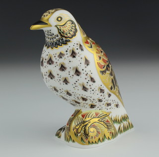 A Royal Crown Derby Imari pattern paperweight Song Thrush with silver stopper 4" 