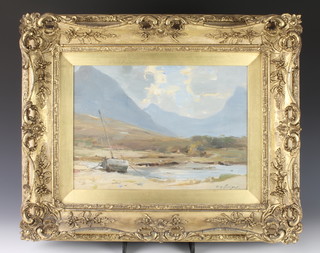 William Miller Frazer (1864 - 1961), oil on board, signed, Scottish landscape with moored boat 9 1/2" x 13 1/2" 