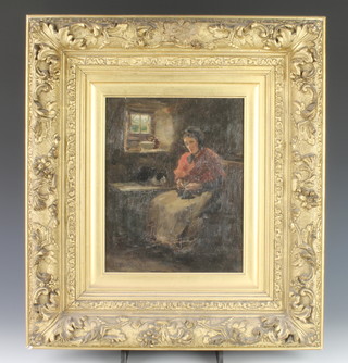 David Fulton RSW (1848 - 1930), oil on canvas, signed, study of an elderly lady knitting with a cat beside a window, 10" x 7 1/2" 