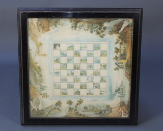 A Victorian watercolour, an unusual chess board decorated with panels of buildings, the border with extensive landscape views with figures building and riverscapes 22 1/2" x 22 1/2" 