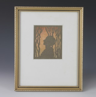 A J Munnings (1878-1959), mixed media silhouette figure of a lady in a woodland setting 4 1/4" x 3 1/2" 