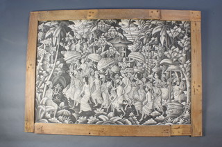 20th Century painting on panel, Indonesian jungle scene with procession of figures 37" x 54" 