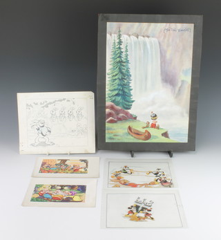 Walt Disney, watercolours on paper, The Seven Dwarfs 3 1/2" x 6 1/2" (2), unframed and Little Hiawatha The Tonic Waterfall 16" x 11" unframed, 2 film cells RKO Radio pictures - Mickey Mouse, Minnie Mouse and Pluto 7" x 9", Donald Duck, Goofy, Clarabelle Cow, Horace Horse Collar and Max Hare 7" x 9", together with  a pencil sketch from the Tortoise and the Hare(1934) P.21 8 1/2" x 10 1/2" unframed