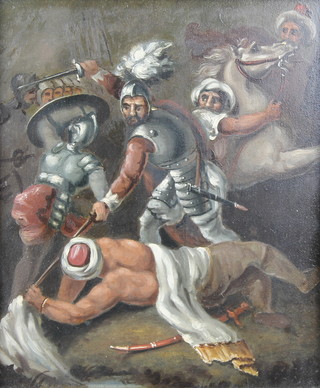19th Century oil on panel, unsigned, a battle scene, with label to verso 9" x 8" 