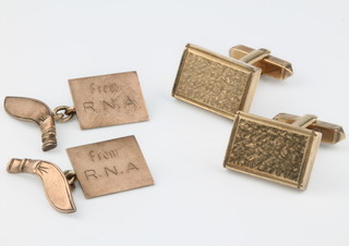 A pair of 9ct yellow gold cufflinks with kukri terminals and a pair of rectangular 9ct ditto, 22 grams