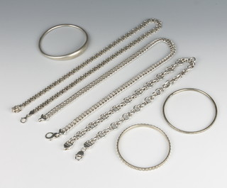 Three silver bangles and 3 necklaces 178 grams 