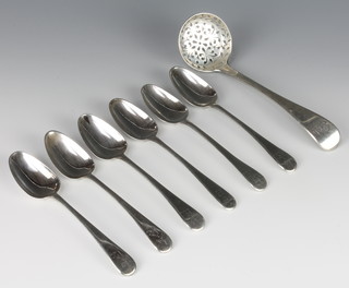 A Victorian silver sifter spoon London 1846, 6 Georgian tea spoons 147 grams