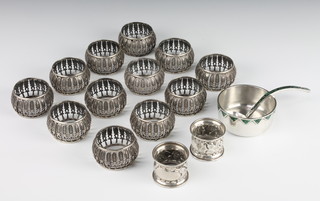 Twelve continental silver napkin rings a malachite mounted bowl and spoon 455 grams