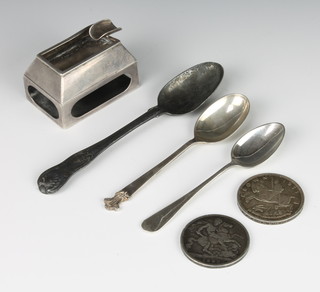 A silver match sleeve/ashtray by Asprey & Co London 1922, 3 spoons and 2 crowns, 184 grams