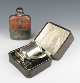 A silver mug Birmingham 1951 cased 111 grams,  an Edwardian plated crocodile hip flask 6 1/2"  
