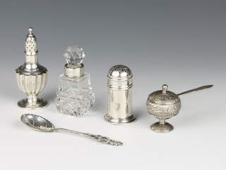 A Victorian silver pepperette, 1 other, a mounted bottle, spoon, pot and spoon 