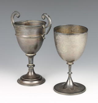 A Victorian silver goblet with presentation inscription London 1874, together with a 2 handled trophy cup 376 grams 