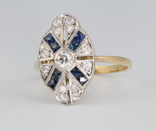 An 18ct yellow gold Art Deco style sapphire and diamond ring size O