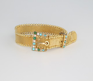 A Victorian 9ct yellow gold mesh bracelet with a turquoise and seed pearl set clasp, gross 16 grams