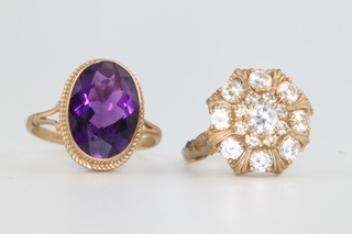 A 9ct yellow gold amethyst ring size O and a paste set cluster do. size N 