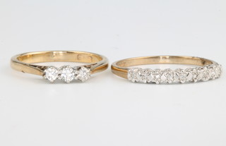 A 9ct yellow gold diamond set ring size O, a 3 stone do. size J 1/2