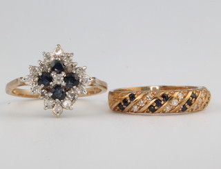 A 9ct yellow gold sapphire and diamond cluster ring size O 1/2, a do. size L 1/2