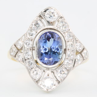 A yellow gold sapphire and diamond ring the oval centre stone approx 1ct, the brilliant cut diamonds 1.65ct size O 