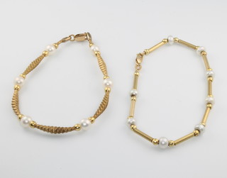 Two 9ct yellow gold cultured pearl bracelets