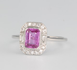 An 18ct white gold pink sapphire and diamond cluster ring size N 