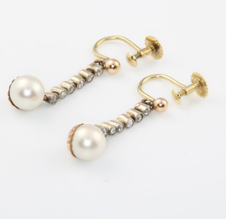 A pair of yellow gold diamond and cultured pearl ear drops