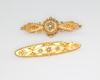 Two 15ct yellow gold Edwardian bar brooches set with diamonds and seed pearls