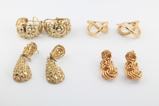 Four pairs of 9ct yellow gold earrings, 16 grams