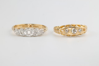 Two 18ct yellow gold diamond rings - 3 stone and 5 stone, sizes G and L 