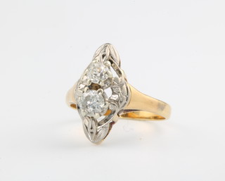 A yellow gold 2 stone diamond ring, size H 