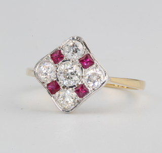 An 18ct yellow gold Art Deco style ruby and diamond ring size N 