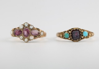 A 12ct yellow gold ruby and pearl ring size L, together with a do. turquoise and jewel ring size P 1/2